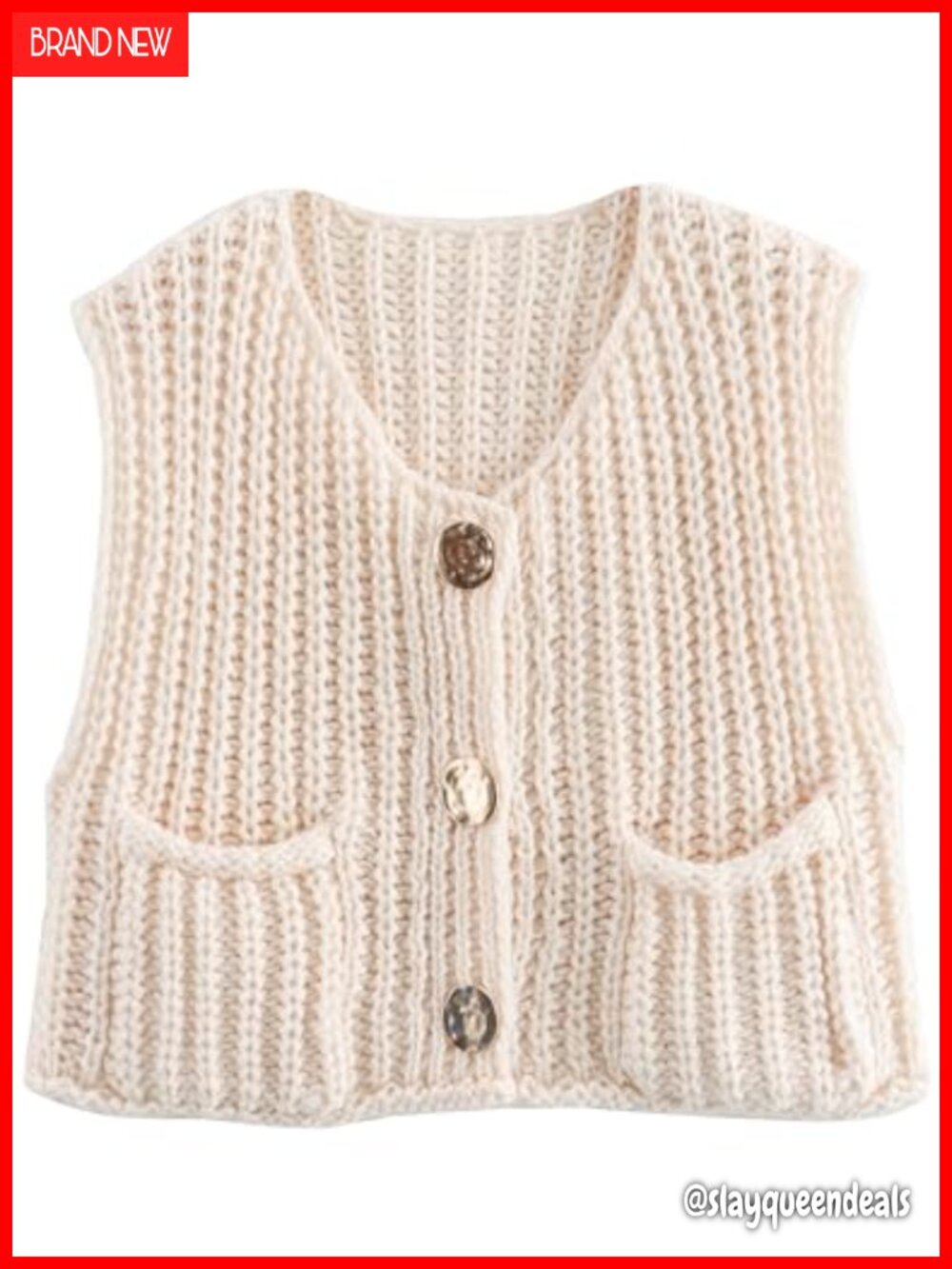 Womens Chunky Knit Vest Gold Button Down Crop Sleeveless Sweater Vest